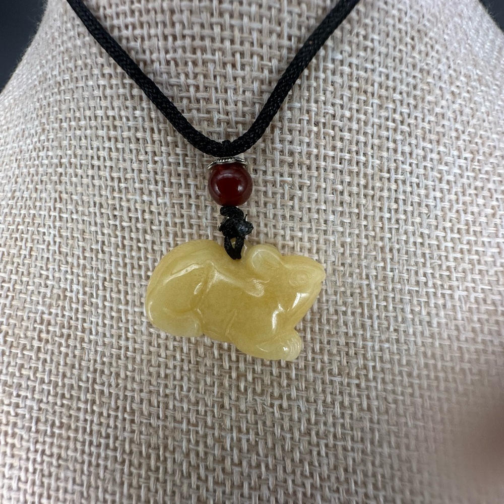 Yellow Jade Rat Carving Pendant Necklace on Black Adjustable Rope - Picture 9 of 16